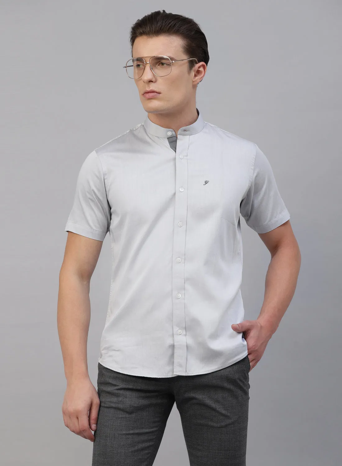 Grey Cotton Band Collar Half Sleeve Shirt