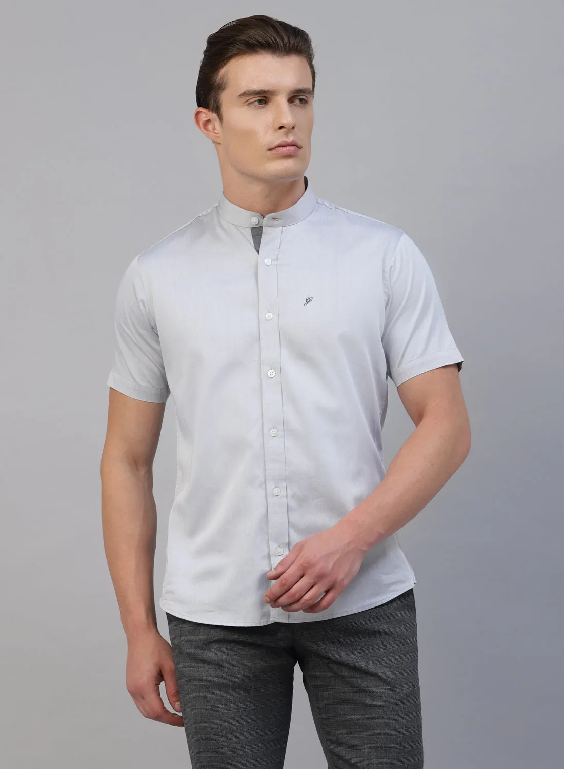 Grey Cotton Band Collar Half Sleeve Shirt