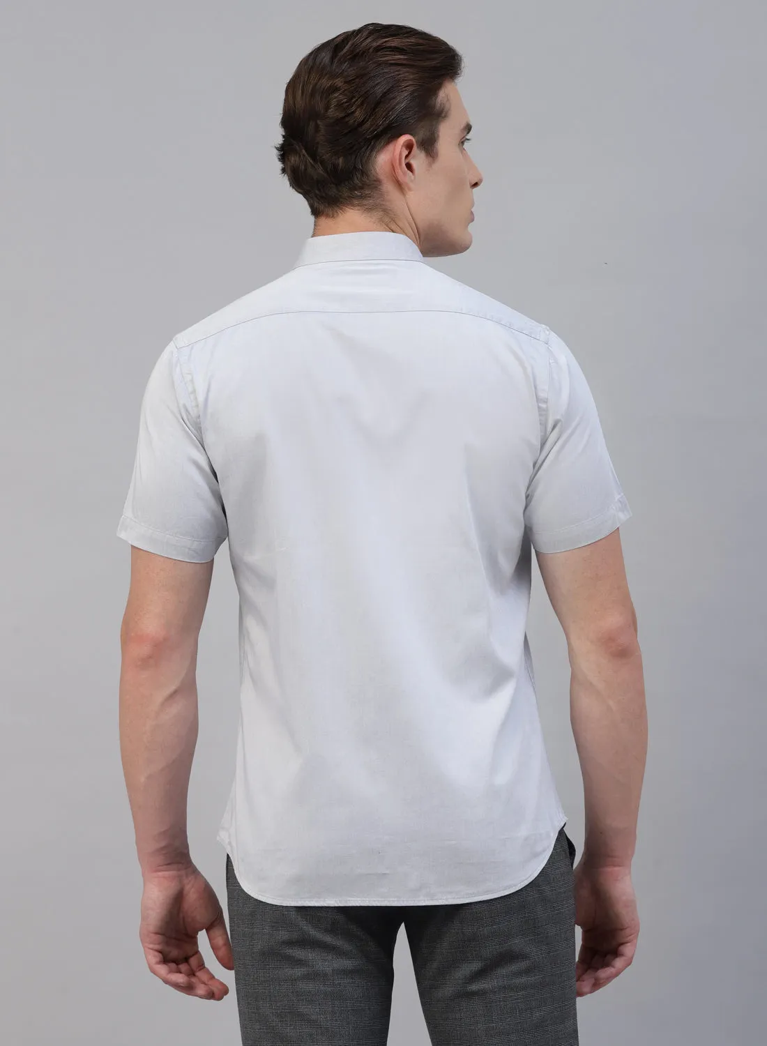 Grey Cotton Band Collar Half Sleeve Shirt