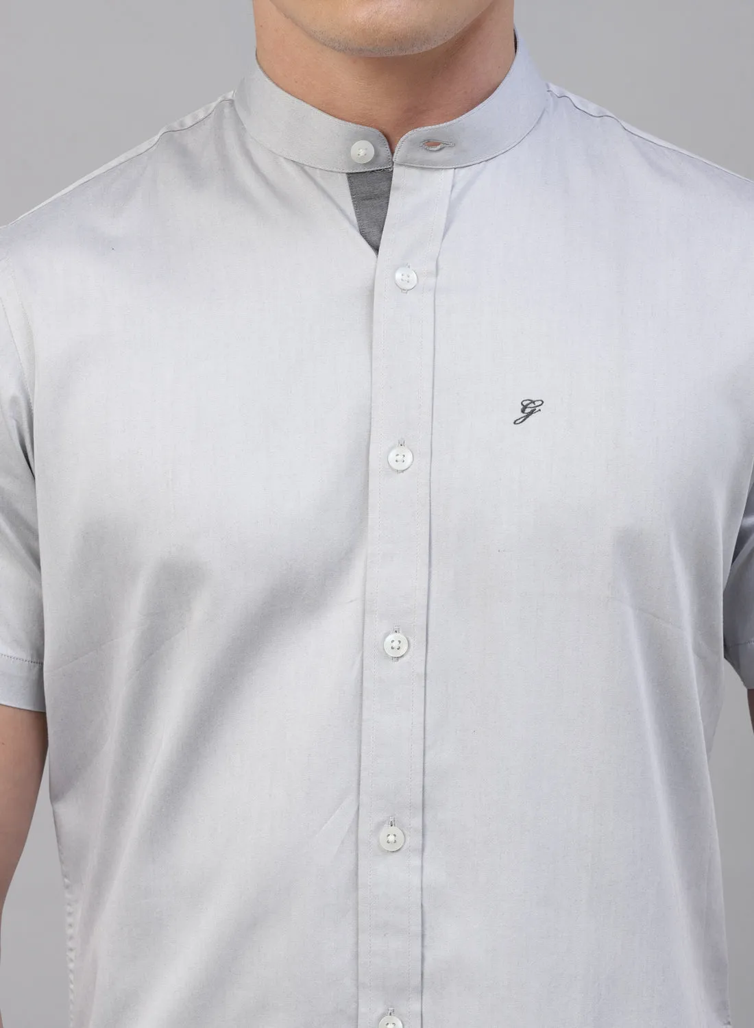 Grey Cotton Band Collar Half Sleeve Shirt
