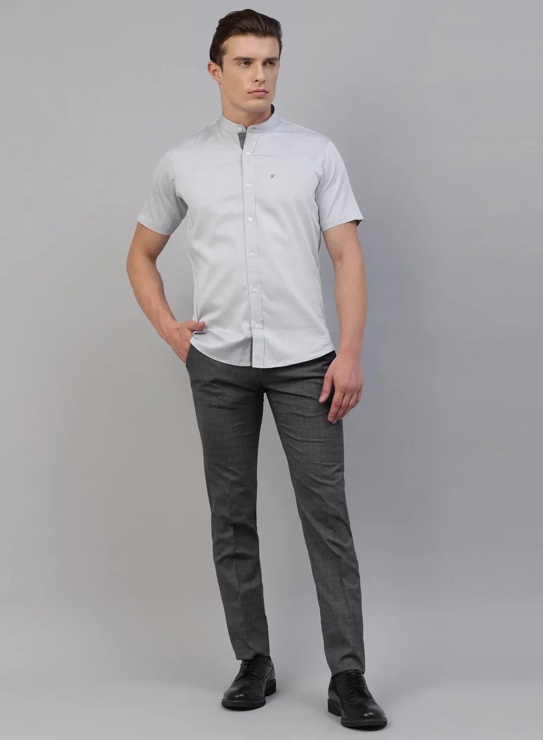 Grey Cotton Band Collar Half Sleeve Shirt