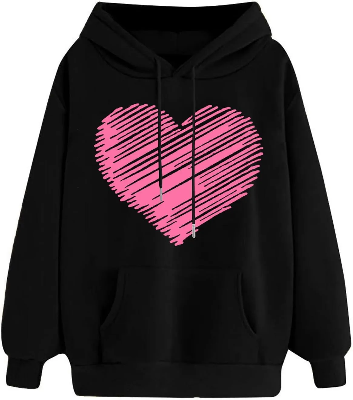 Heart Print Hoodies for Women Classic Valentine's Day Long Sleeve Sweatshirt Oversized Drawstring Pullover Pockets