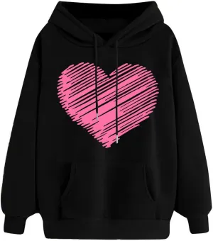 Heart Print Hoodies for Women Classic Valentine's Day Long Sleeve Sweatshirt Oversized Drawstring Pullover Pockets