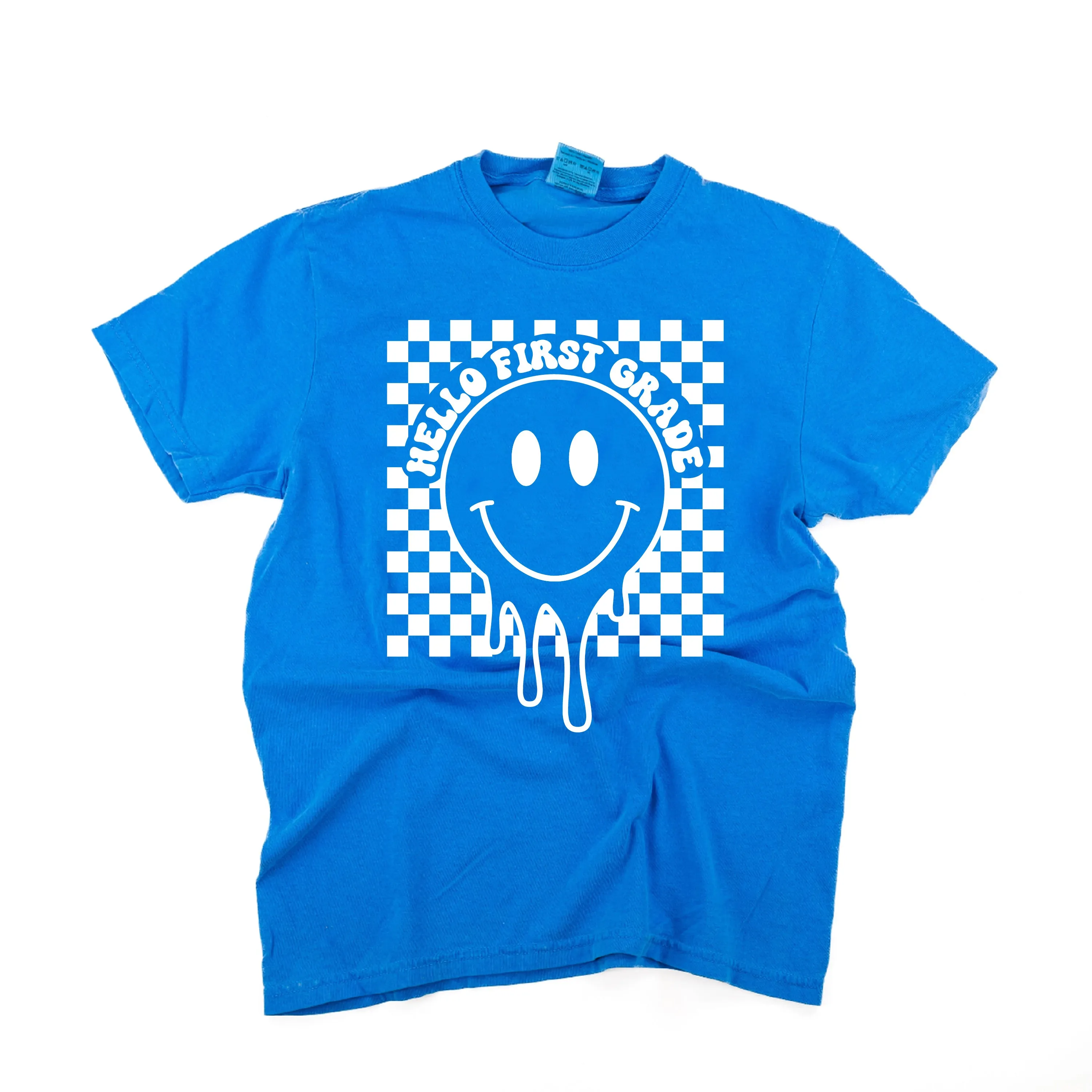 Hello First Grade - Checker Smiley - SHORT SLEEVE COMFORT COLORS TEE