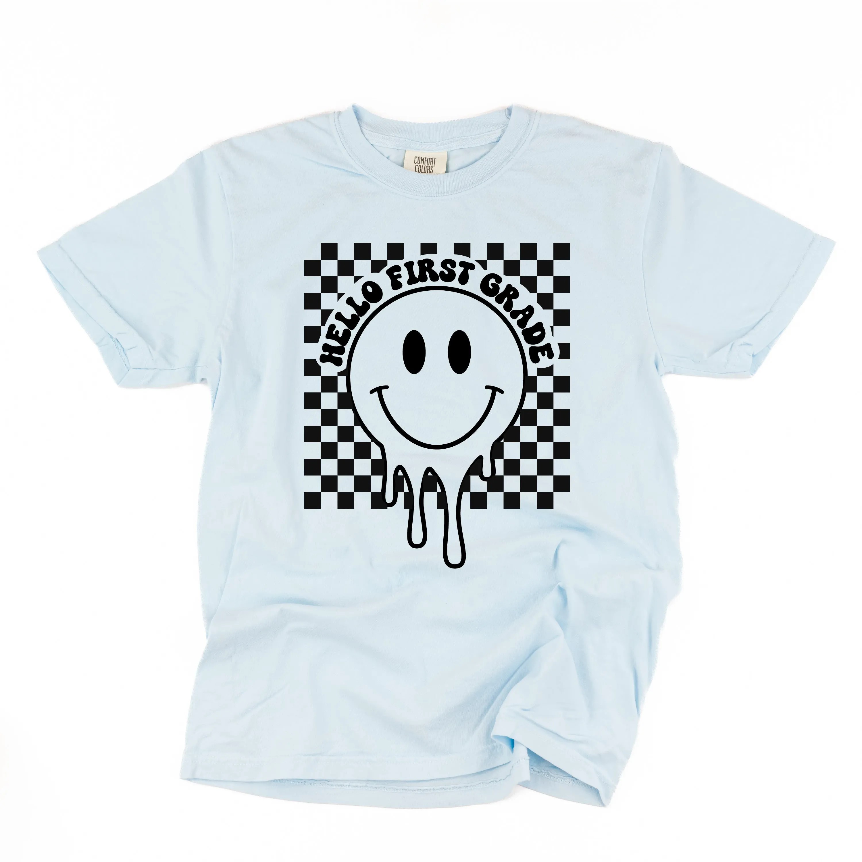 Hello First Grade - Checker Smiley - SHORT SLEEVE COMFORT COLORS TEE