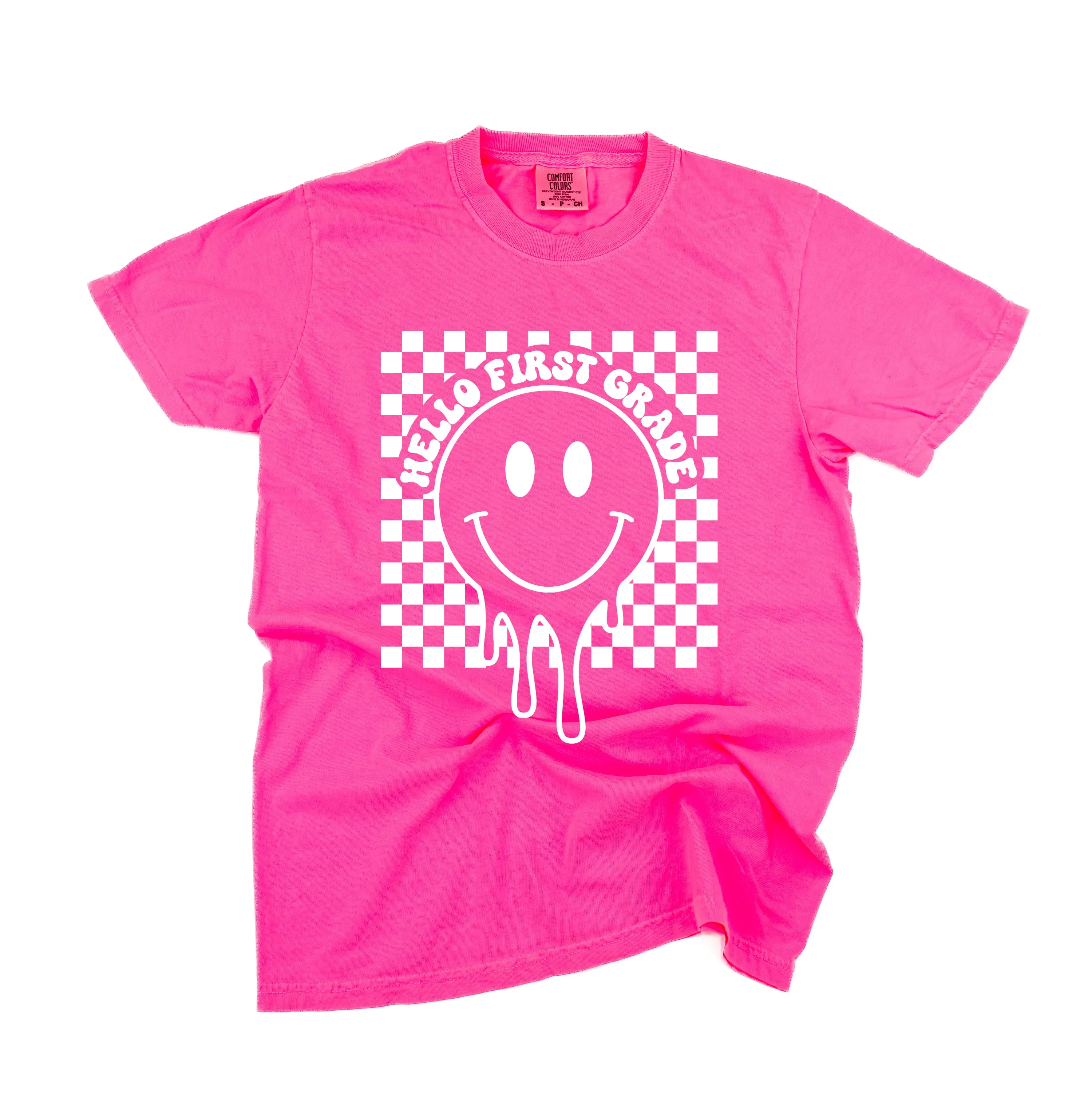 Hello First Grade - Checker Smiley - SHORT SLEEVE COMFORT COLORS TEE