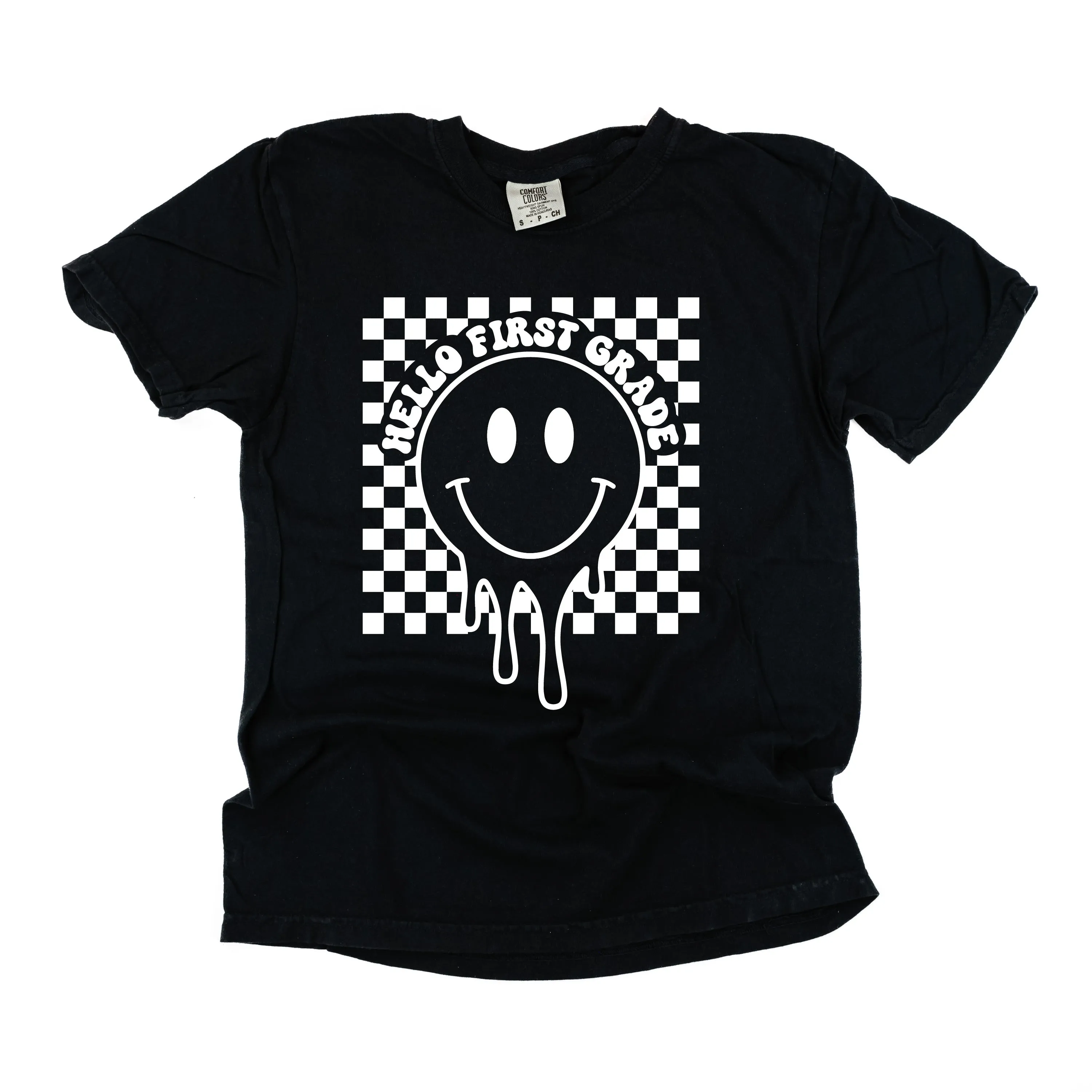 Hello First Grade - Checker Smiley - SHORT SLEEVE COMFORT COLORS TEE