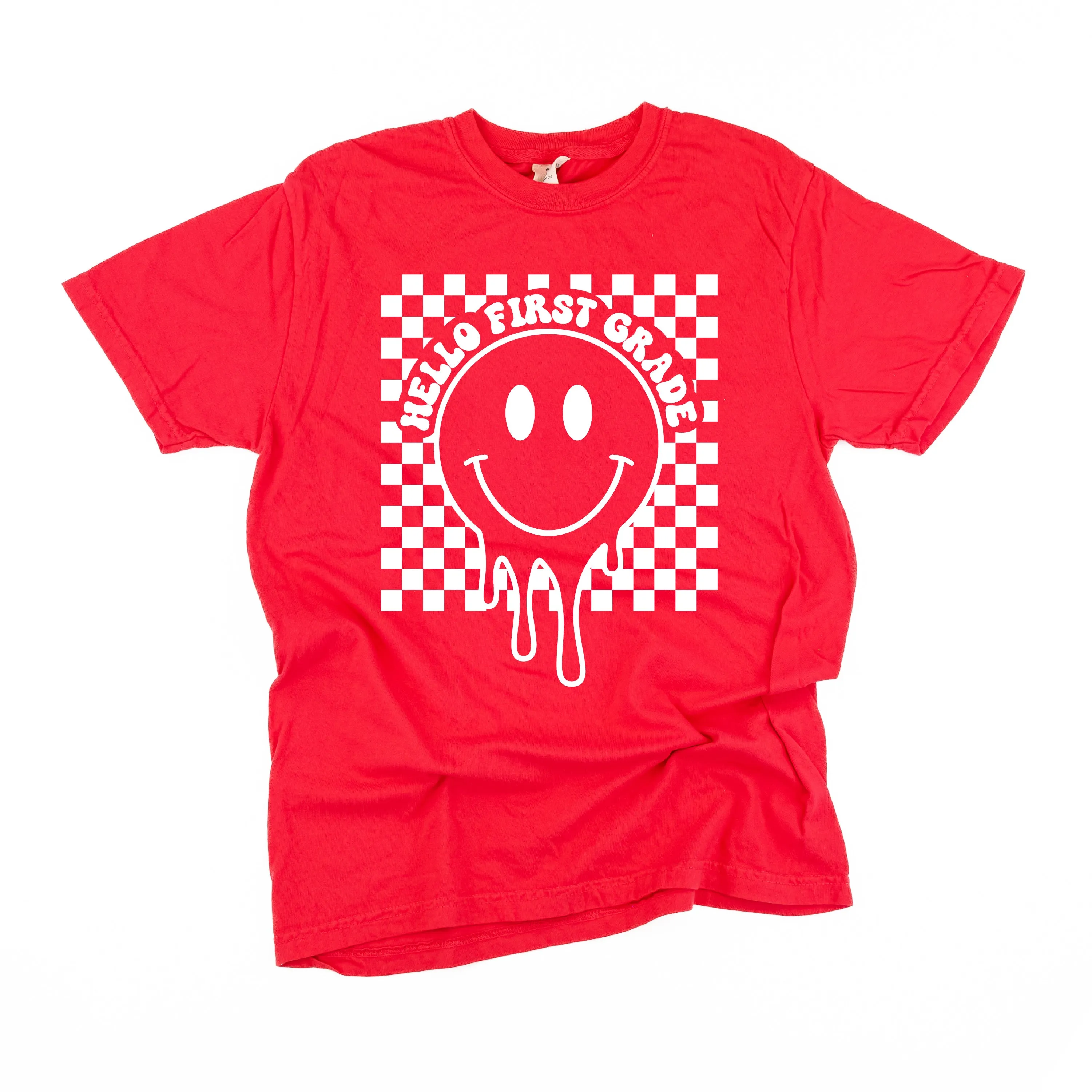 Hello First Grade - Checker Smiley - SHORT SLEEVE COMFORT COLORS TEE