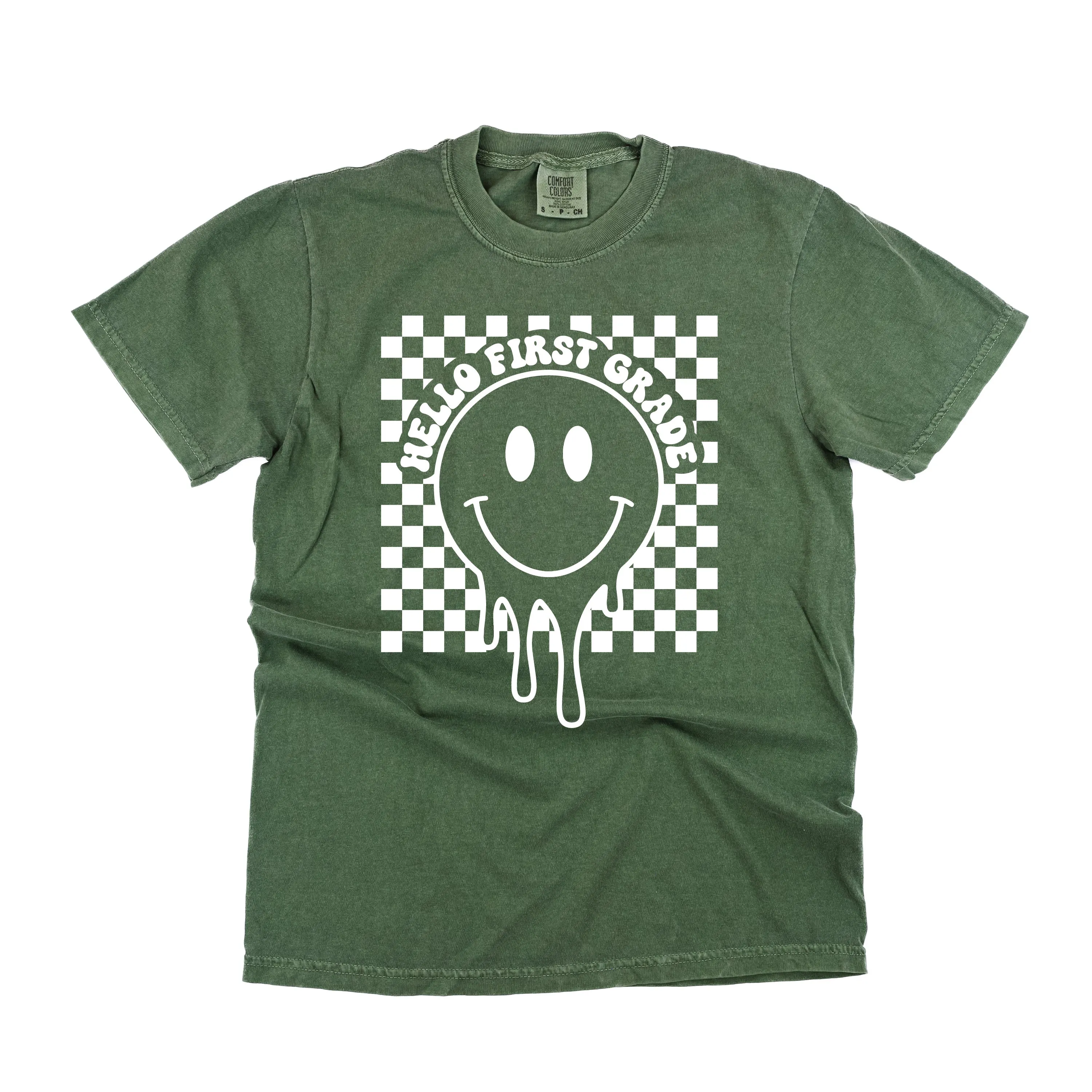 Hello First Grade - Checker Smiley - SHORT SLEEVE COMFORT COLORS TEE