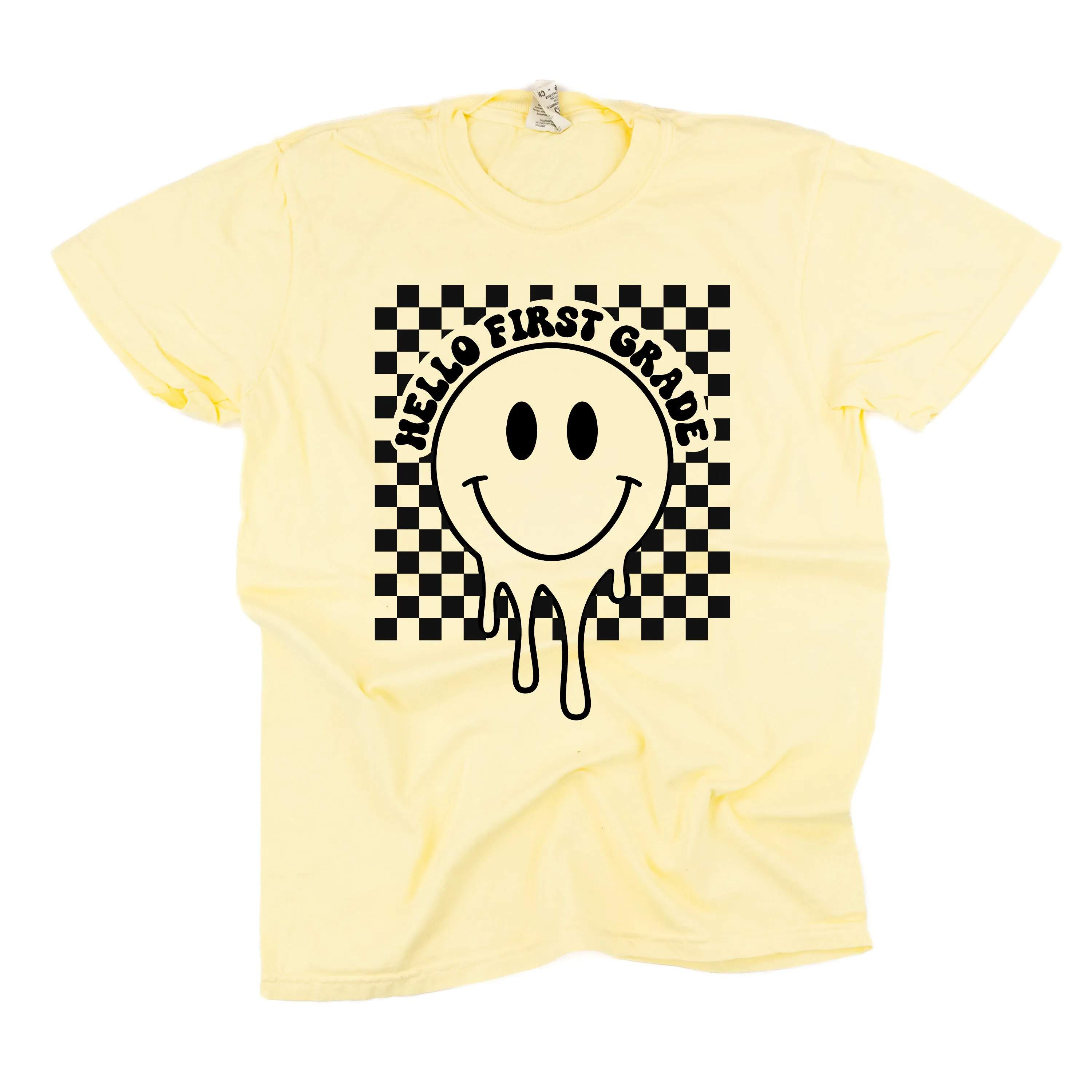 Hello First Grade - Checker Smiley - SHORT SLEEVE COMFORT COLORS TEE