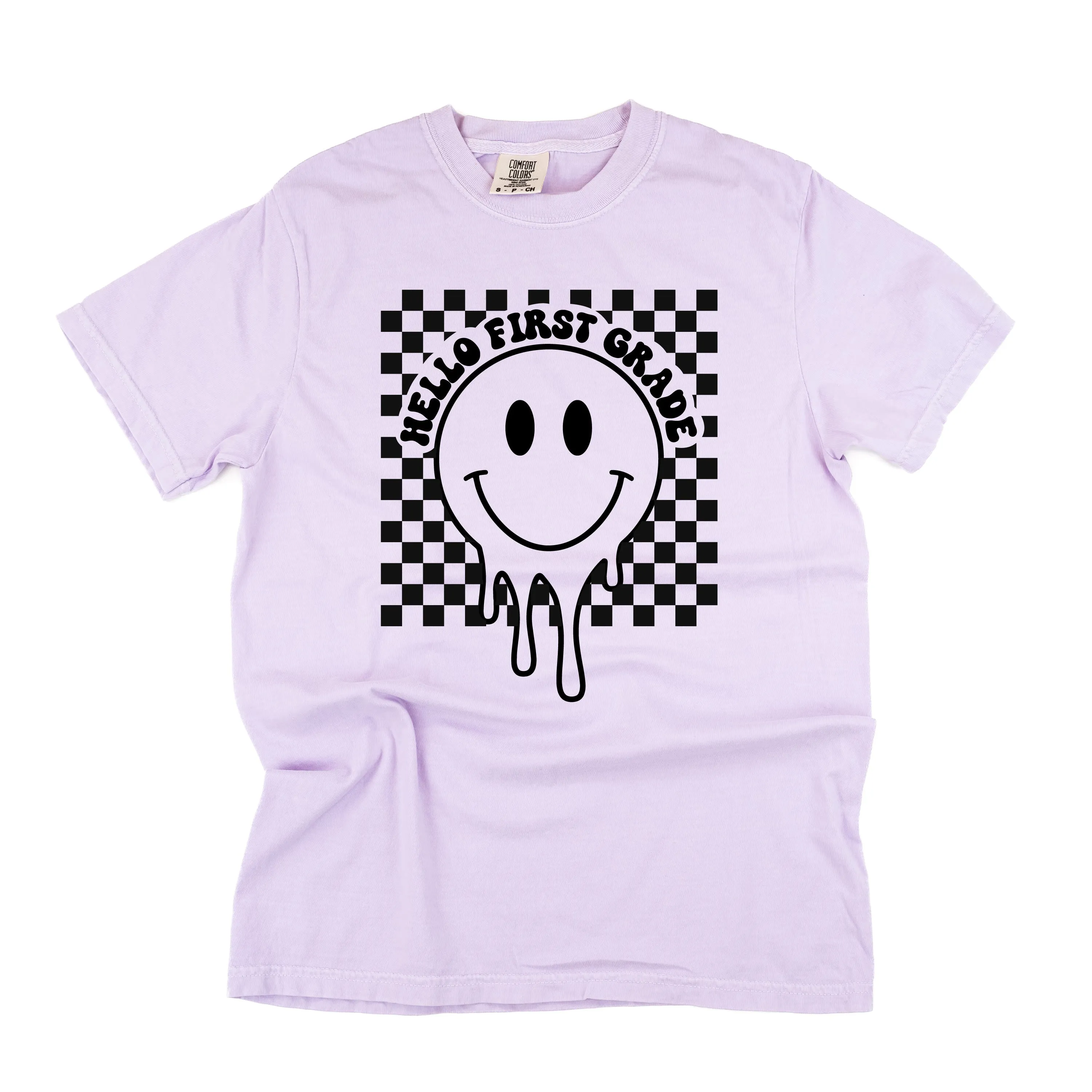 Hello First Grade - Checker Smiley - SHORT SLEEVE COMFORT COLORS TEE