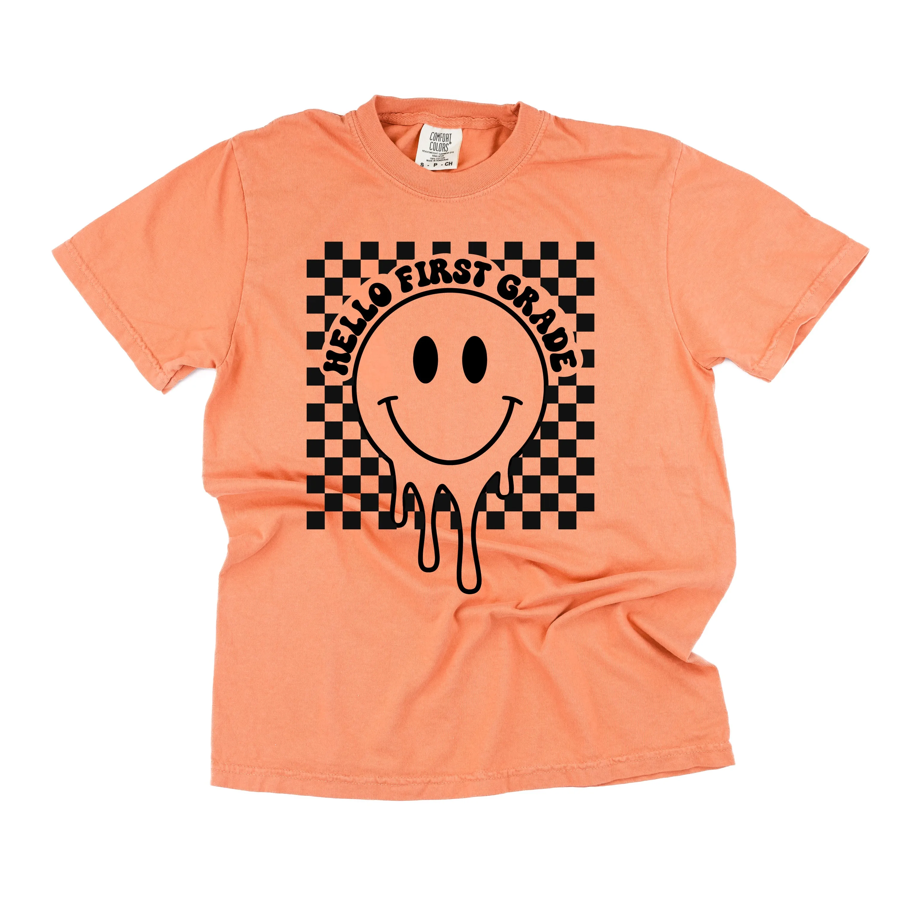 Hello First Grade - Checker Smiley - SHORT SLEEVE COMFORT COLORS TEE