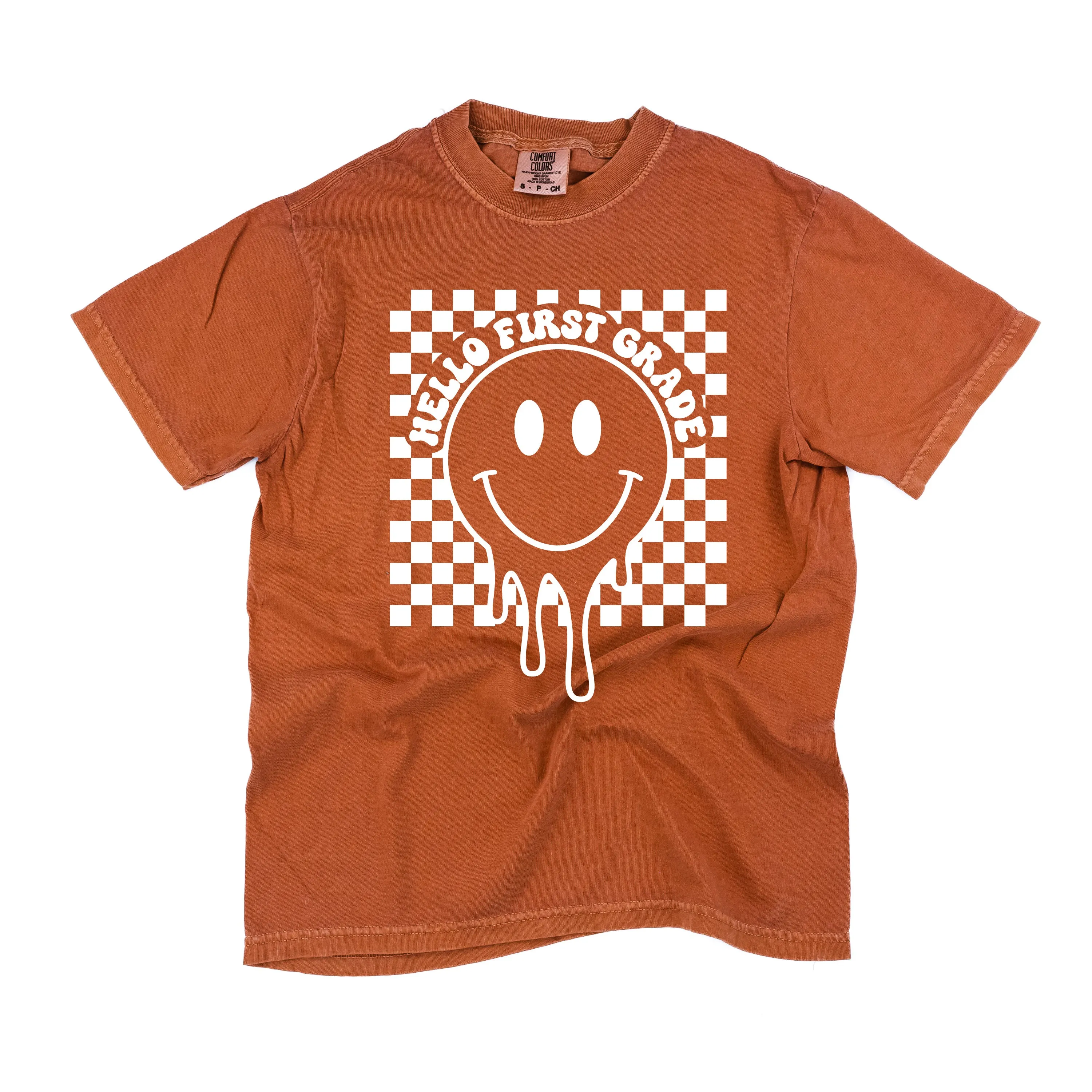 Hello First Grade - Checker Smiley - SHORT SLEEVE COMFORT COLORS TEE