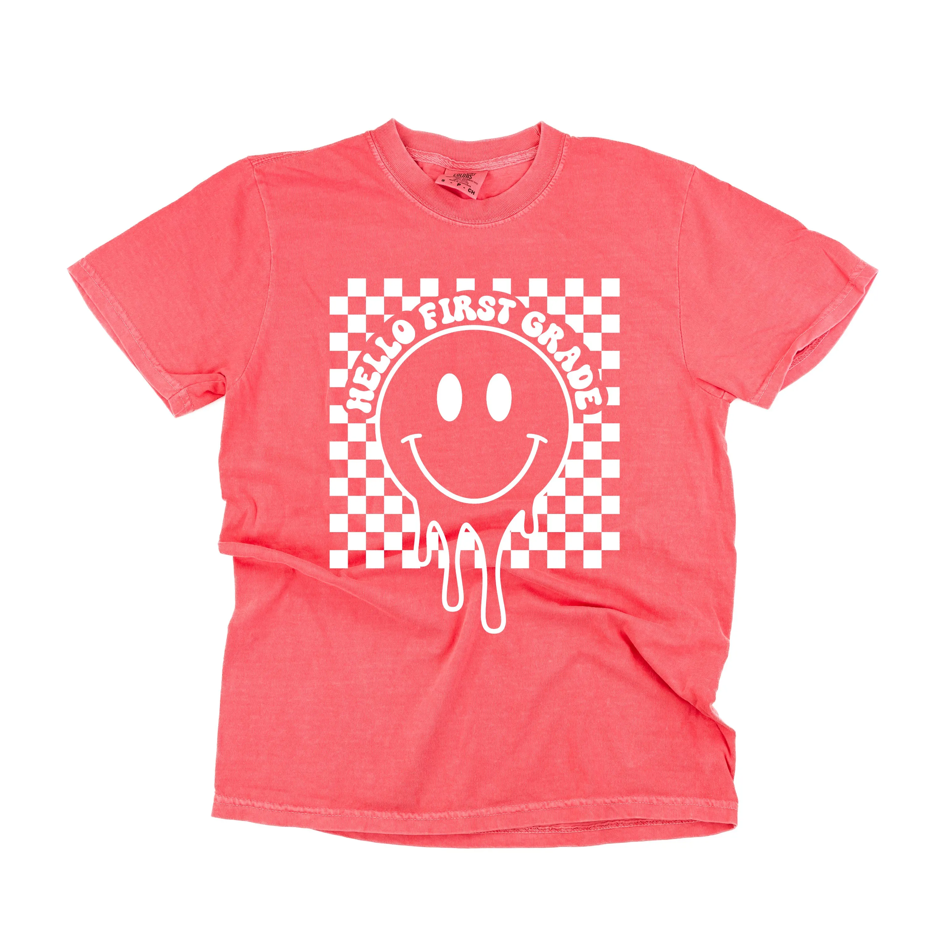 Hello First Grade - Checker Smiley - SHORT SLEEVE COMFORT COLORS TEE