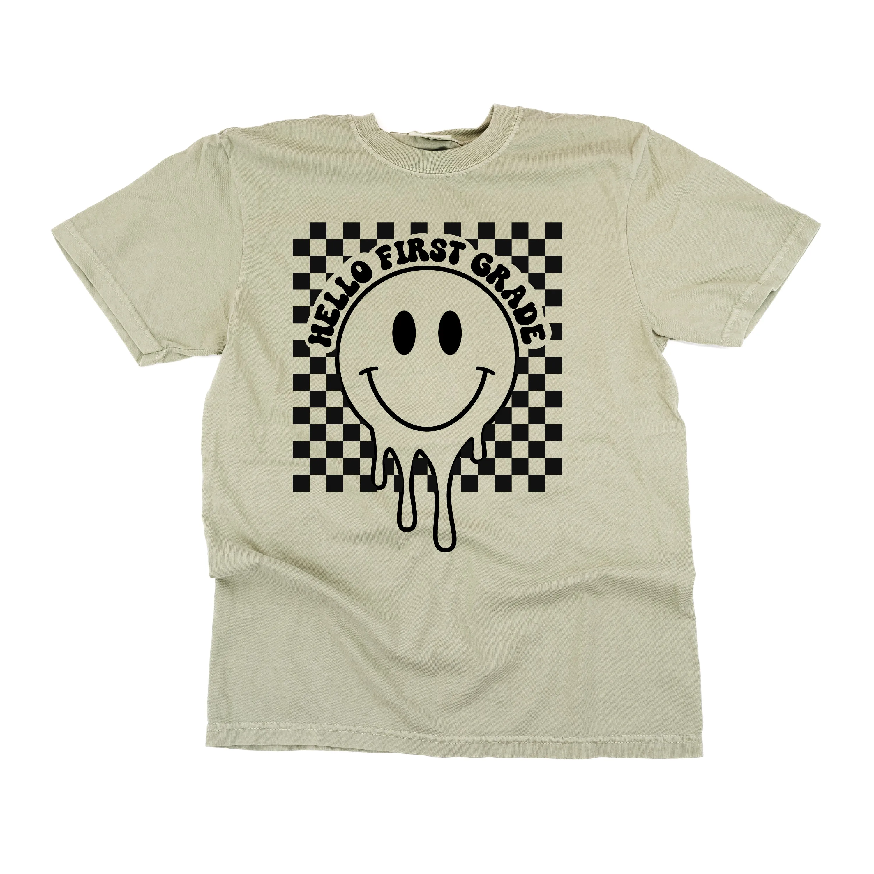 Hello First Grade - Checker Smiley - SHORT SLEEVE COMFORT COLORS TEE