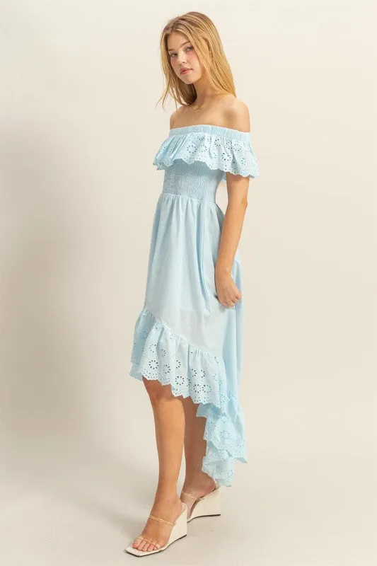 High-Low Eyelet Ruffled Off-Shoulder Dress
