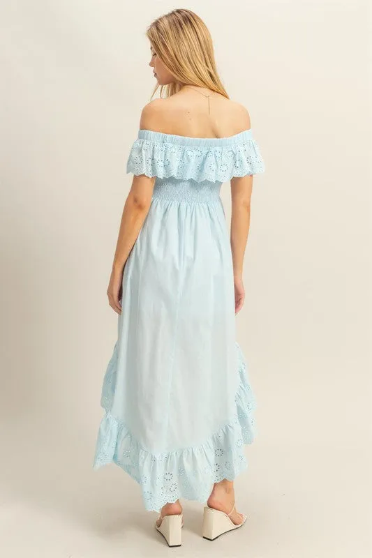 High-Low Eyelet Ruffled Off-Shoulder Dress