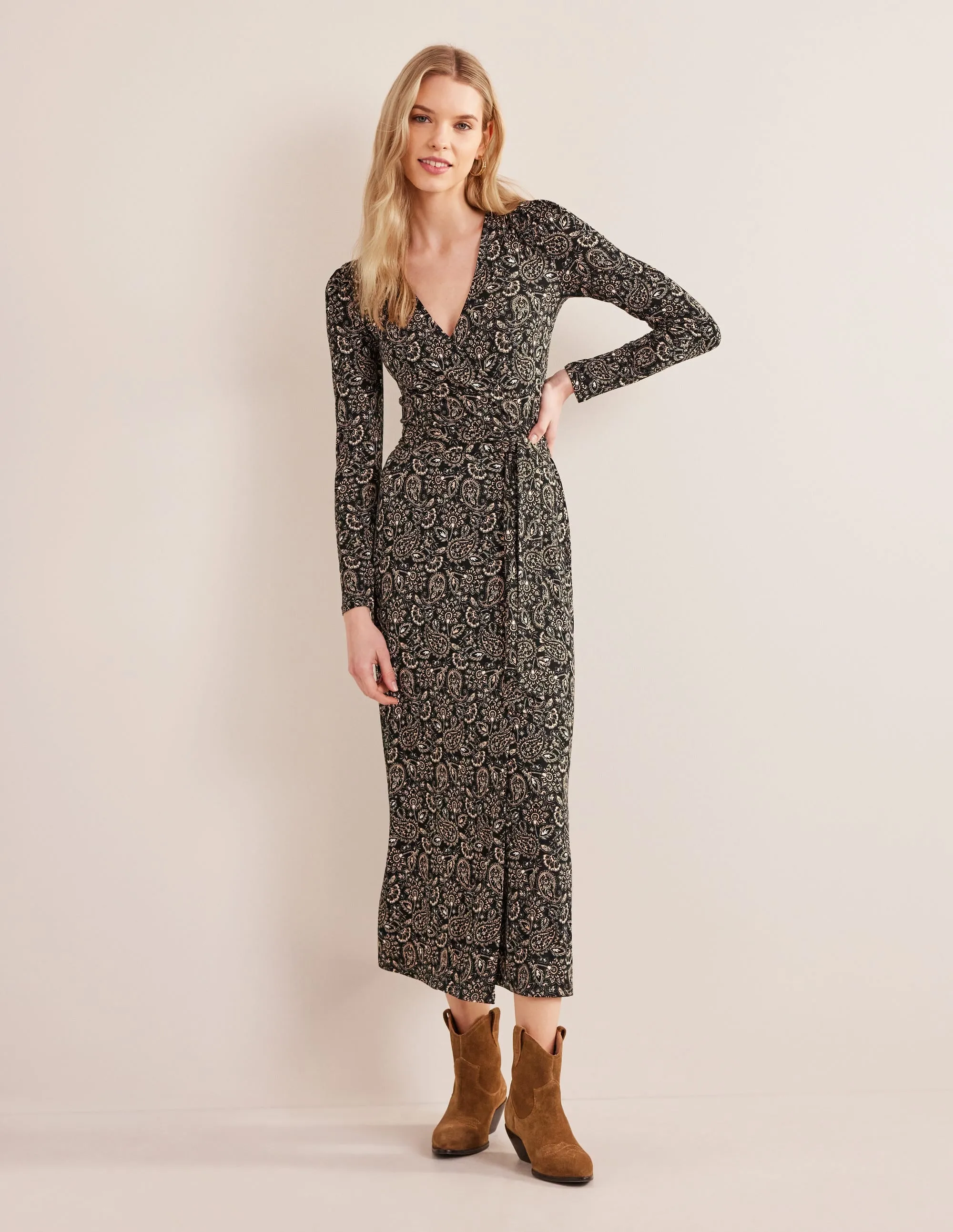 Jersey Wrap Maxi Dress-Black, Paisley Terrace