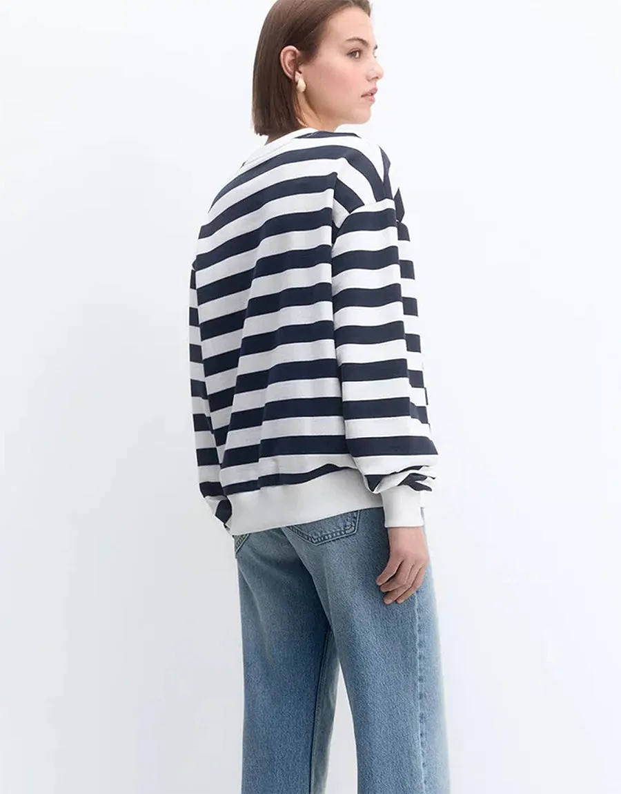 Ladies Fleece Sweat Shirt-Navy Strip