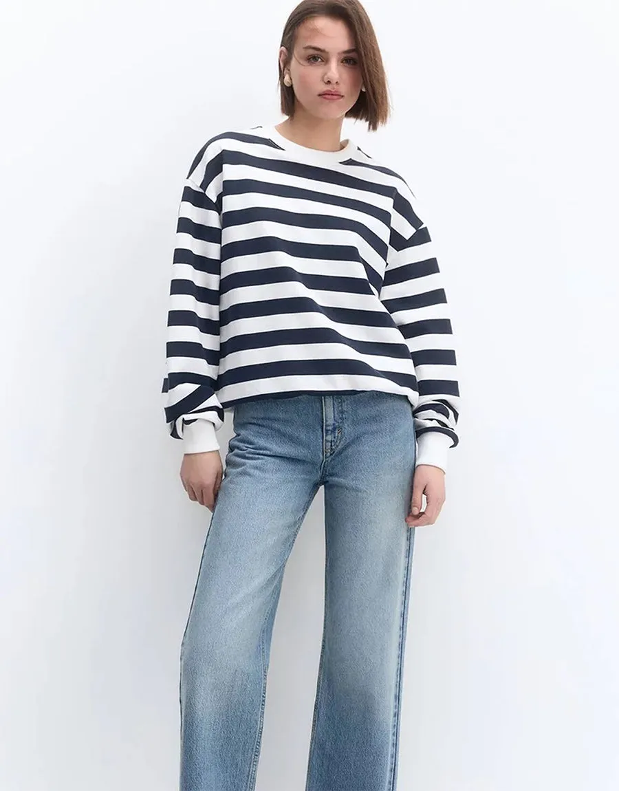 Ladies Fleece Sweat Shirt-Navy Strip