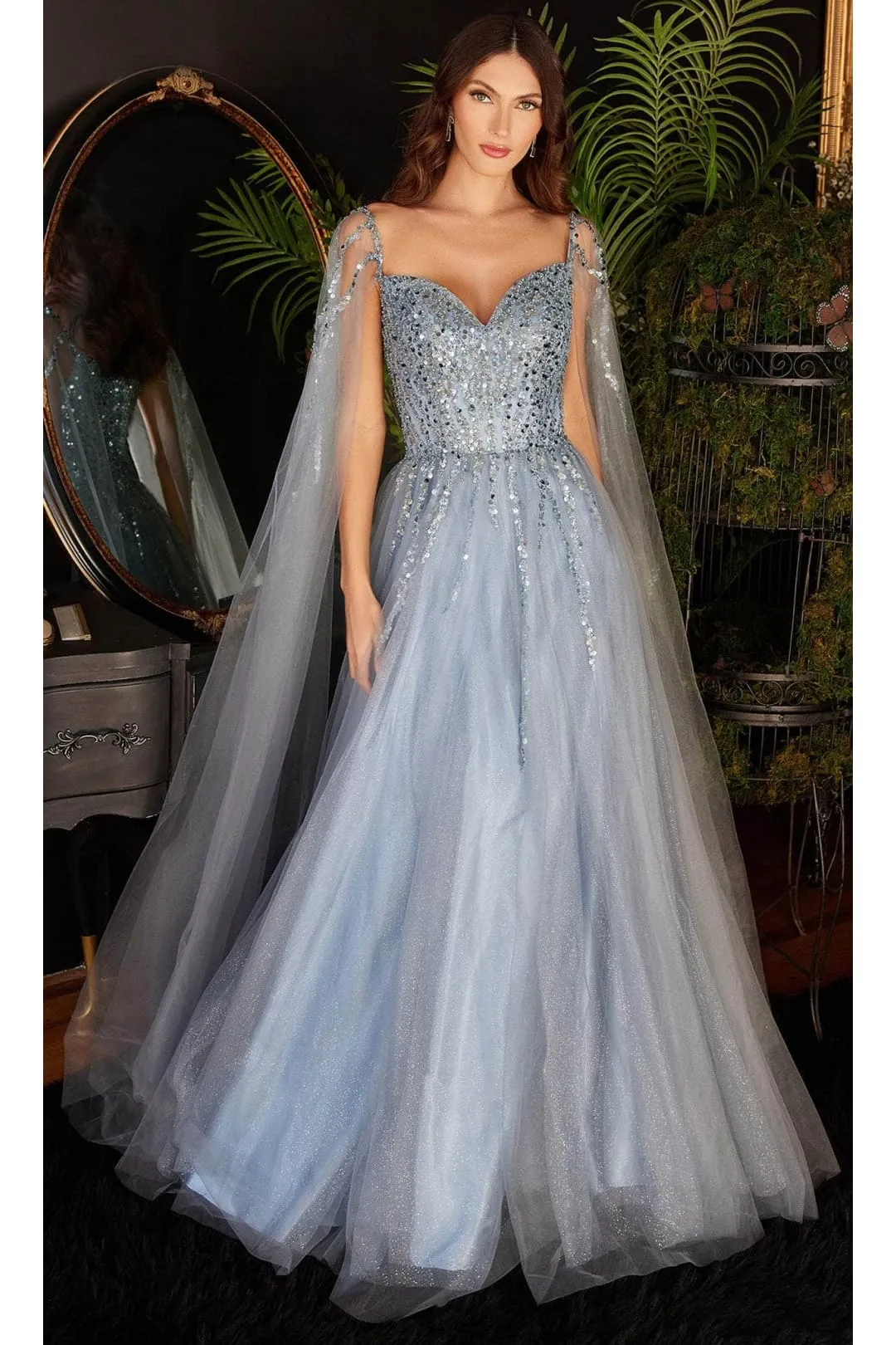 Ladivine CD0204 - Embellished Cape Sleeve Prom Dress