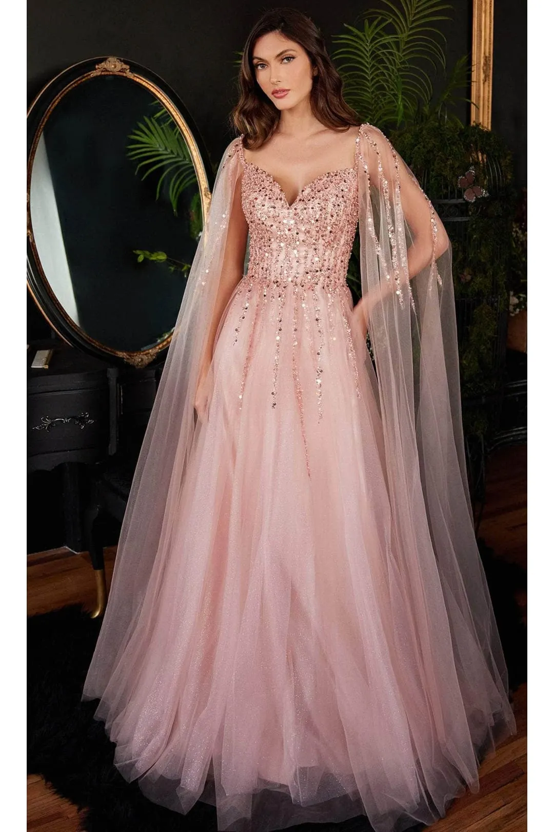 Ladivine CD0204 - Embellished Cape Sleeve Prom Dress