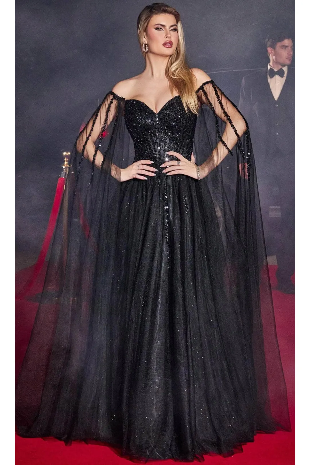 Ladivine CD0204 - Embellished Cape Sleeve Prom Dress