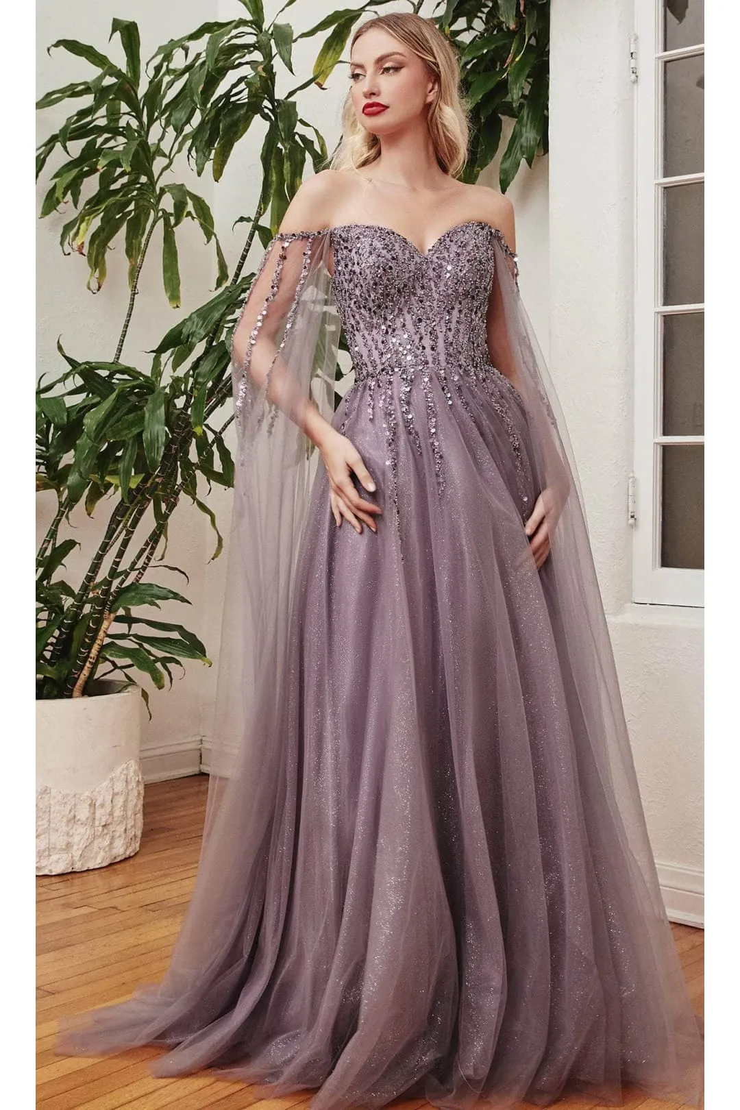 Ladivine CD0204 - Embellished Cape Sleeve Prom Dress