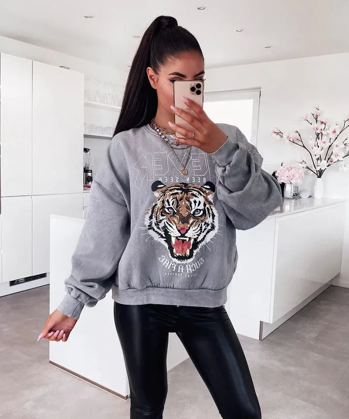 Ladypolitan Tiger print sweatshirt For Her-LSWS-2010 One Size Light Grey