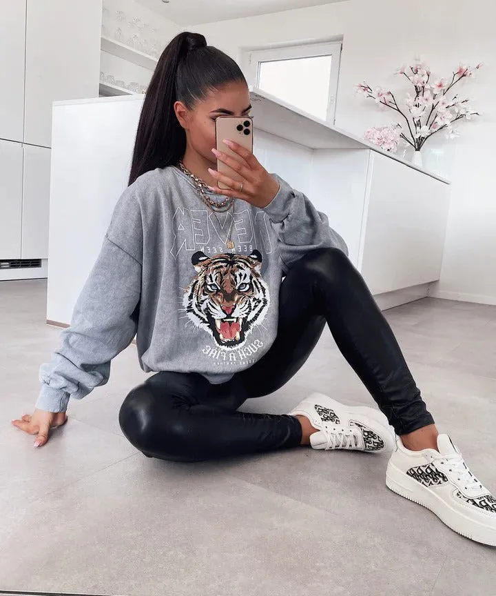 Ladypolitan Tiger print sweatshirt For Her-LSWS-2010 One Size Light Grey
