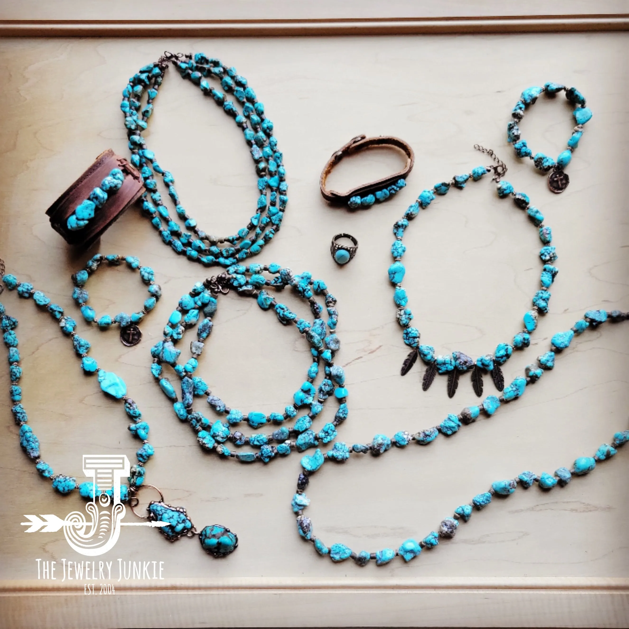 Large Triple Strand Blue Turquoise & Copper Collar Necklace 259d
