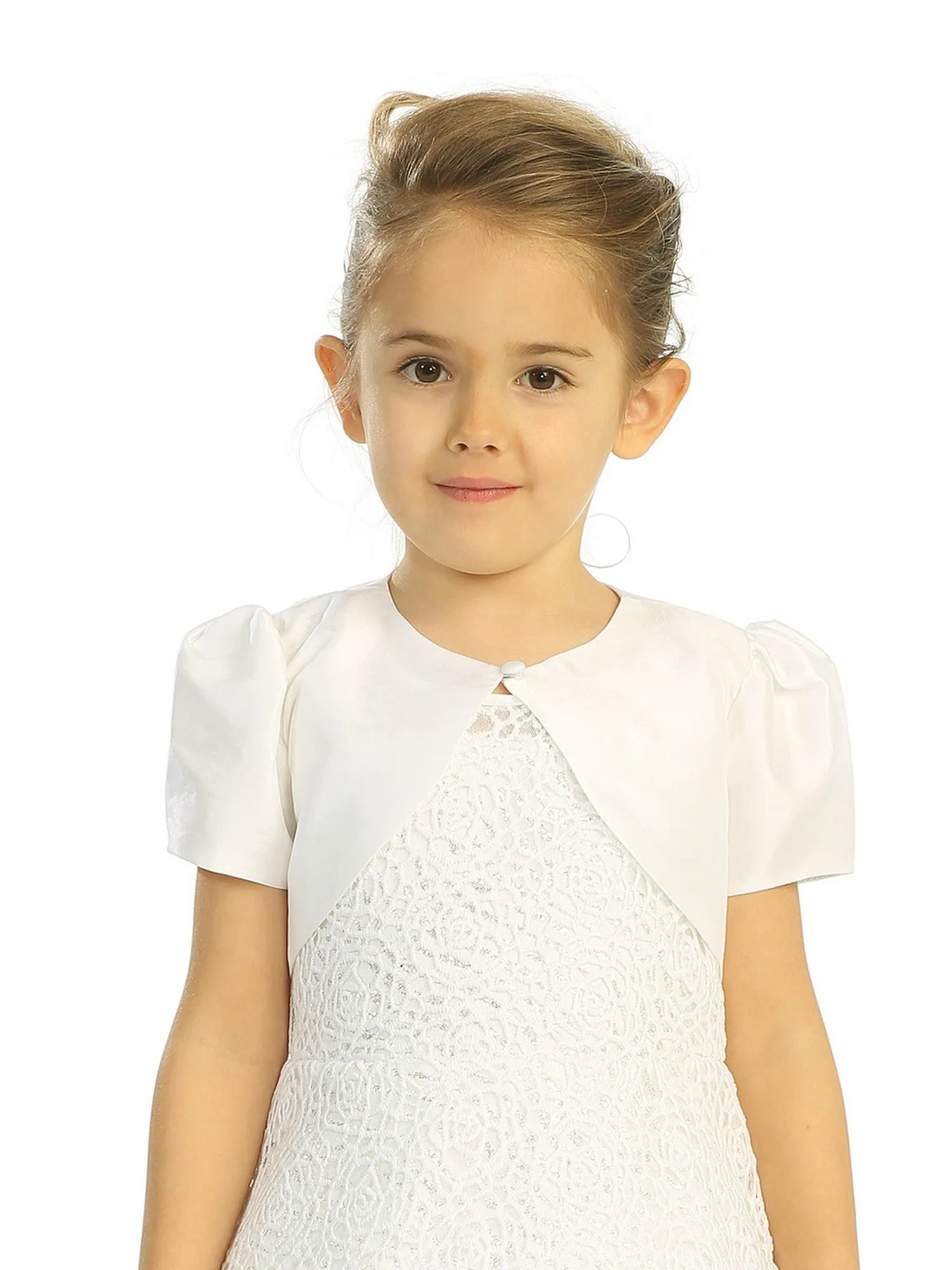 Little Girls Ivory Single Button Short Sleeve Taffeta Bolero Jacket 2-6