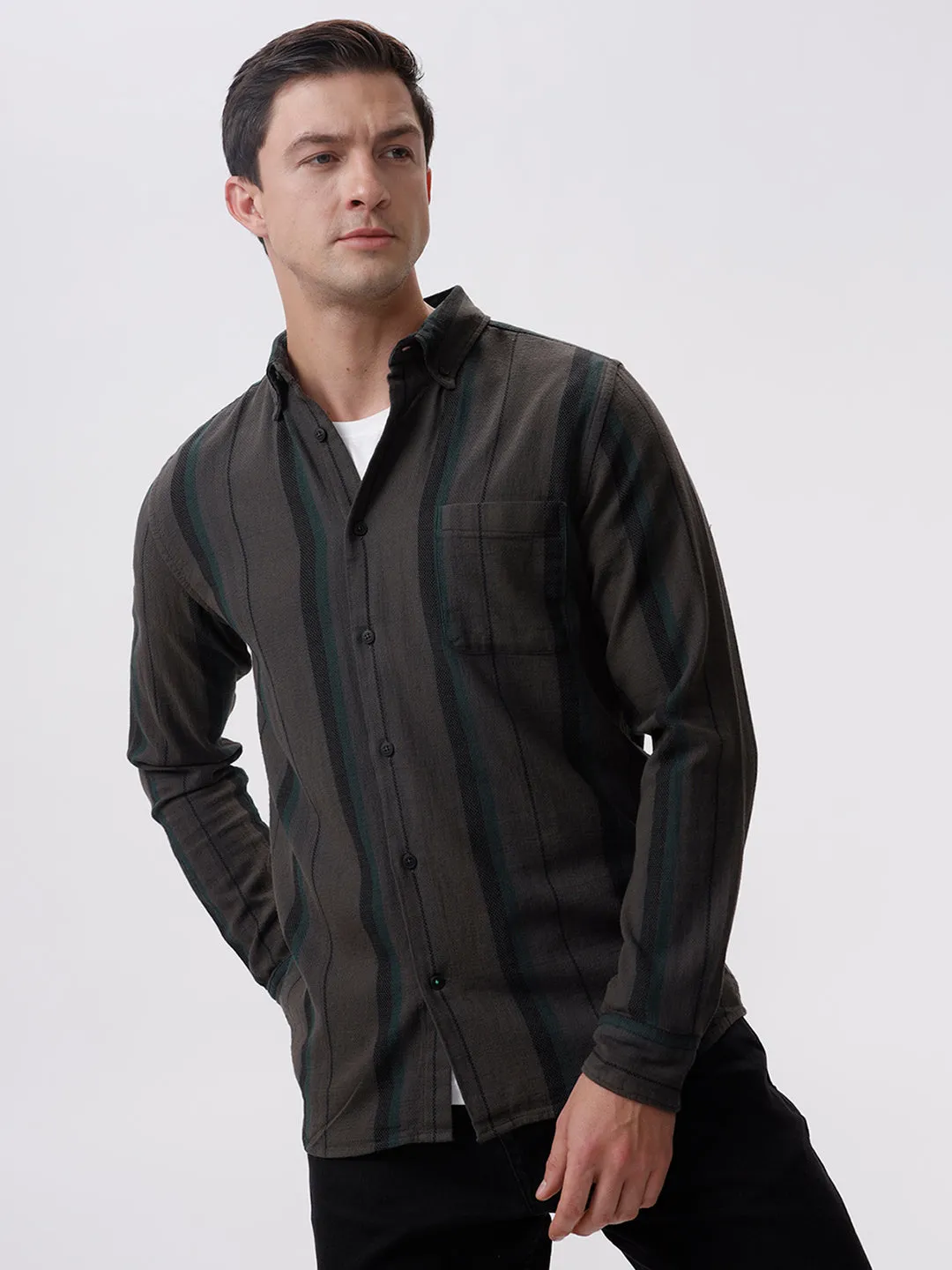 Lock Grey Stripes Slim Fit Cotton Casual Shirt