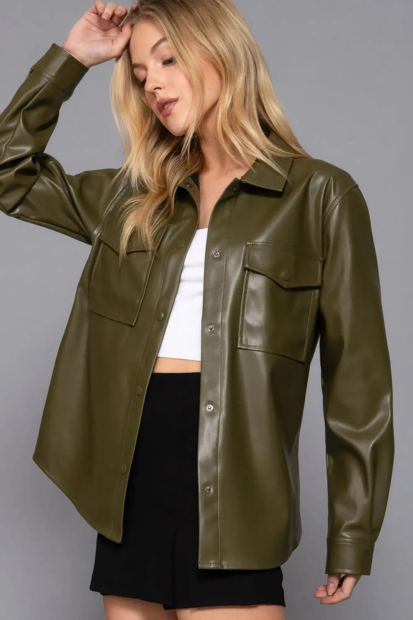 Long Sleeve Faux Leather Shacket  Olive Layering Essential | Fashion M&J
