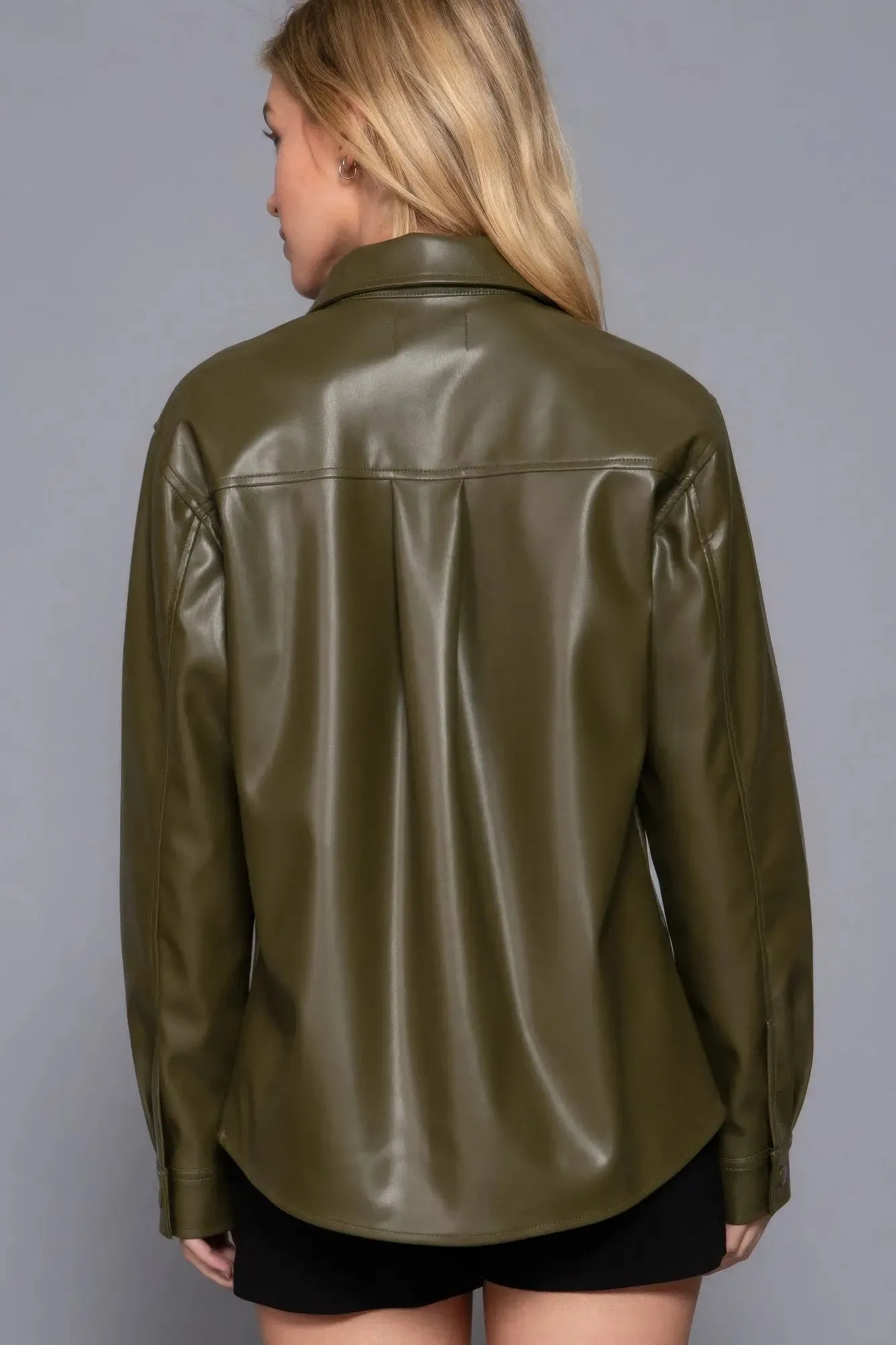 Long Sleeve Faux Leather Shacket  Olive Layering Essential | Fashion M&J