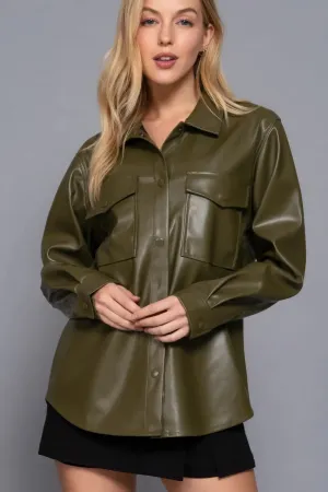 Long Sleeve Faux Leather Shacket  Olive Layering Essential | Fashion M&J
