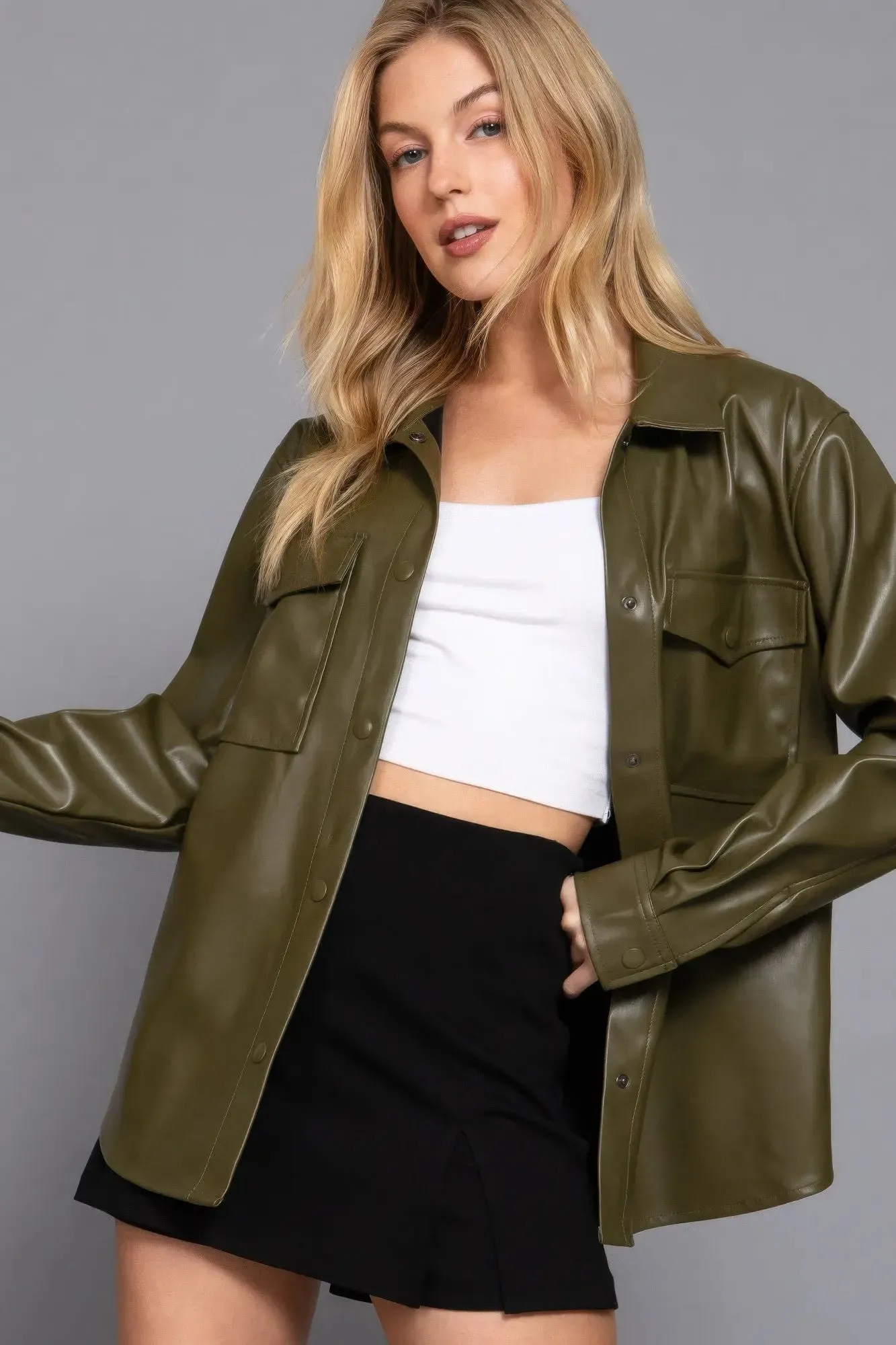 Long Sleeve Faux Leather Shacket  Olive Layering Essential | Fashion M&J