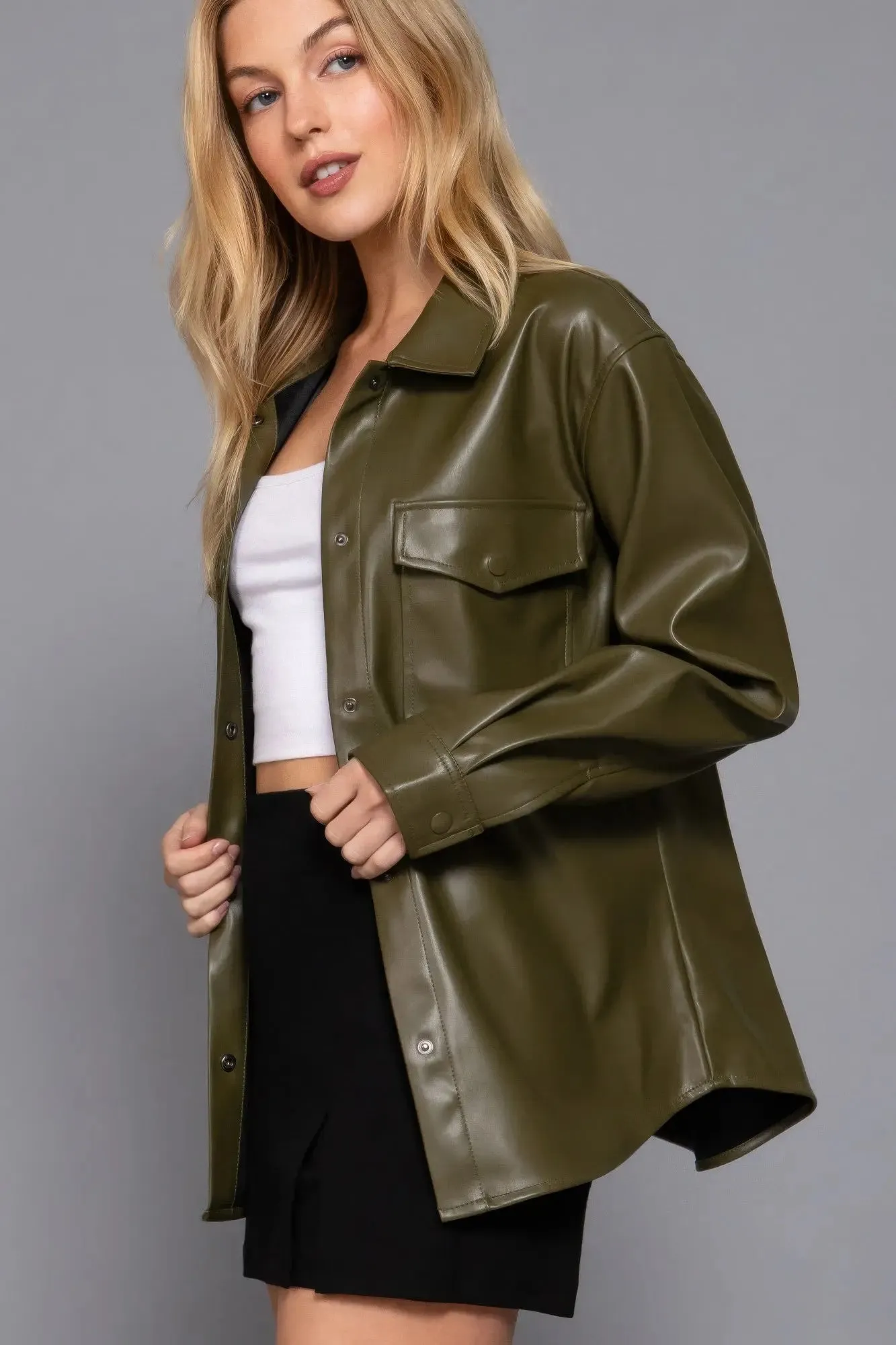 Long Sleeve Faux Leather Shacket  Olive Layering Essential | Fashion M&J