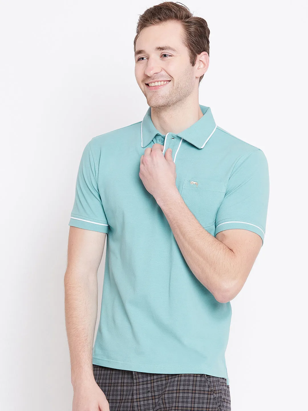 Men Blue Solid Casual Polo T-shirts