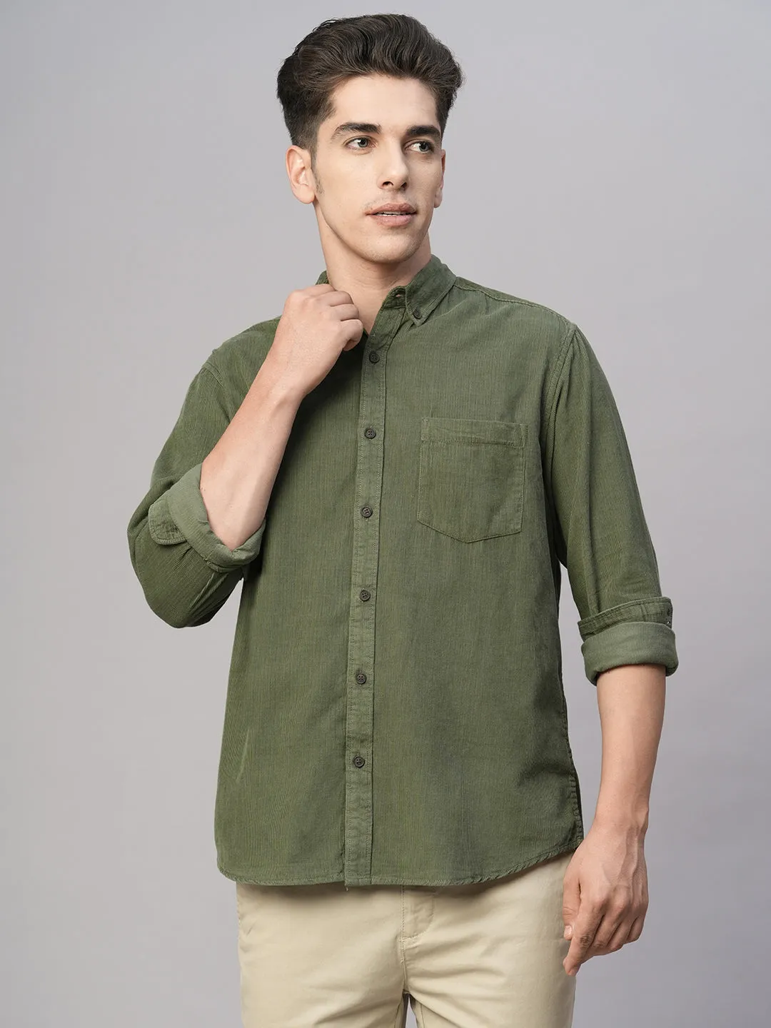 Men's Corduroy 100% Cotton Navy Regular Fit Long Sleeved Shirt