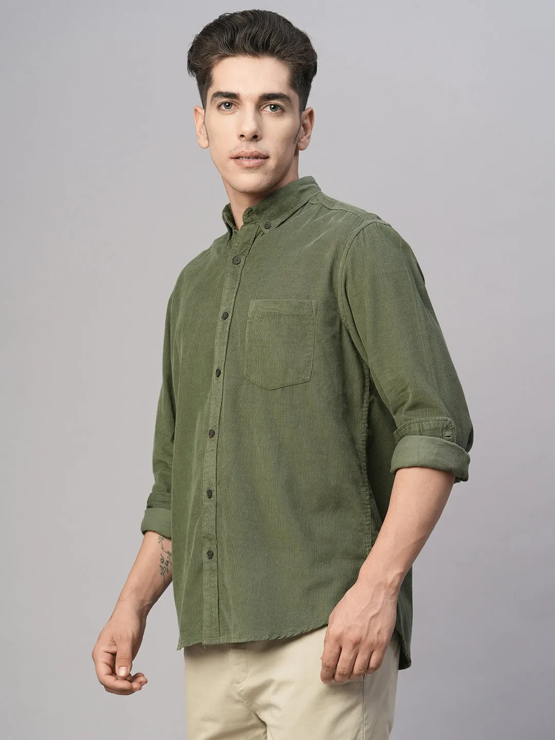 Men's Corduroy 100% Cotton Navy Regular Fit Long Sleeved Shirt