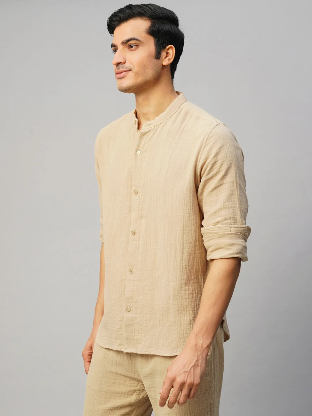 Men's Khaki Cotton Loose Fit Shirt