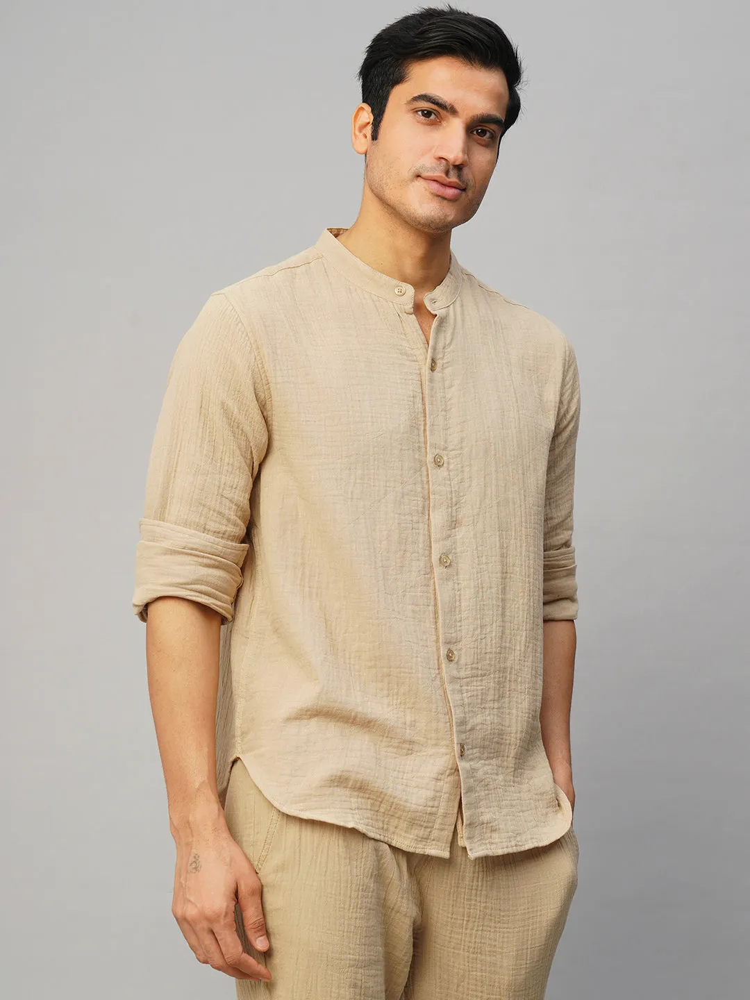 Men's Khaki Cotton Loose Fit Shirt