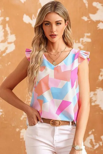 Miss Pretty Geometric Flutter Sleeveless Blouse