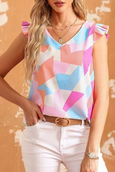 Miss Pretty Geometric Flutter Sleeveless Blouse