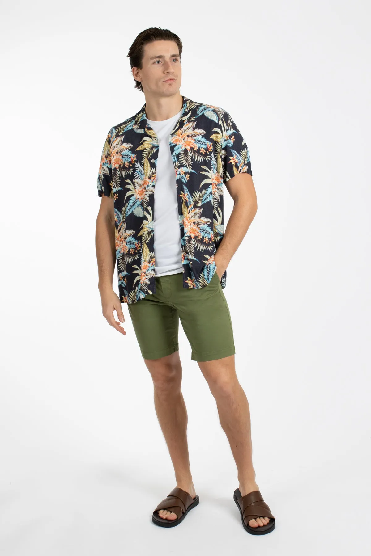Navy Aloha Cuban Collar Linen  Shirt