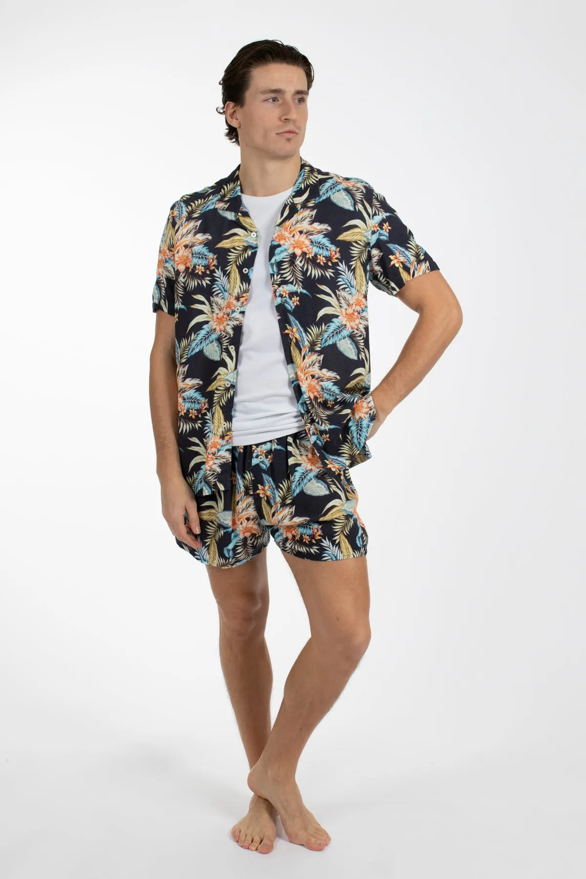 Navy Aloha Cuban Collar Linen  Shirt