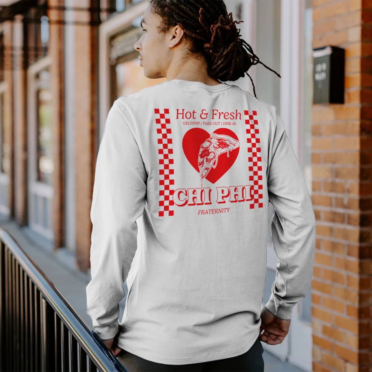 New! Chi Phi Comfort Colors Hot and Fresh Pizza Long Sleeve Tee