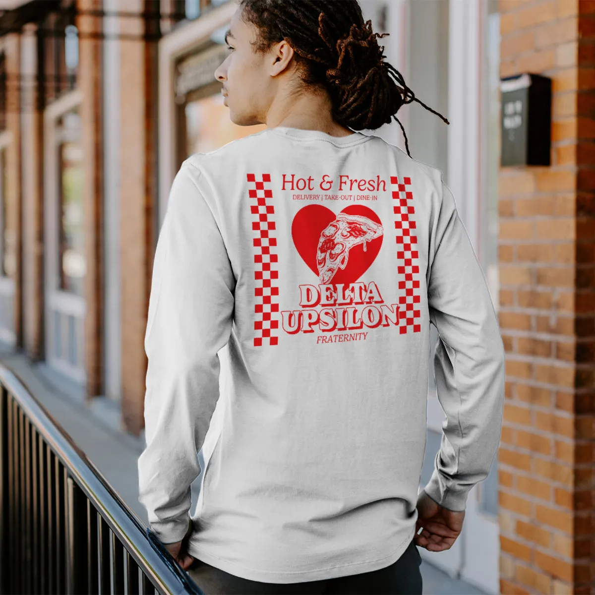 New! Delta Upsilon Comfort Colors Hot and Fresh Pizza Long Sleeve Tee