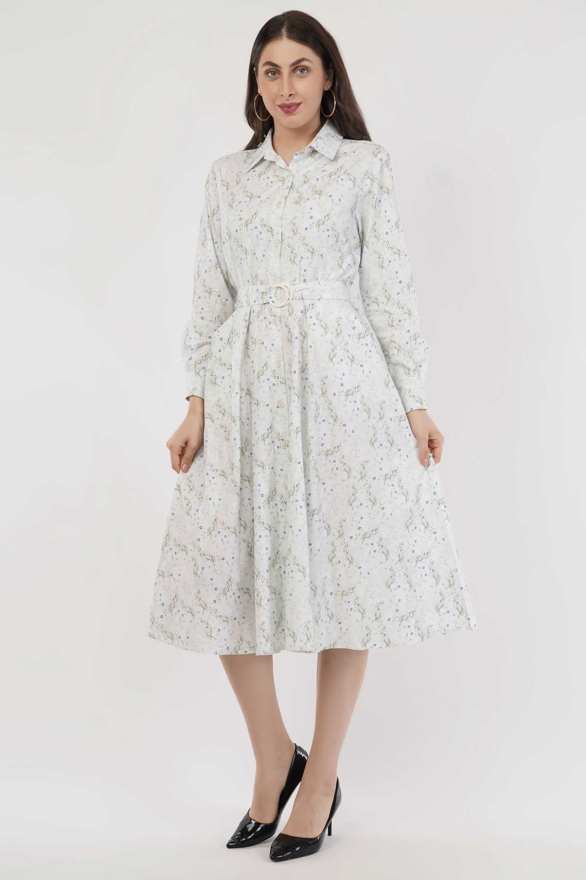 Pearl Blue Floral Cotton Midi Dress with Belt & Long Sleeves
